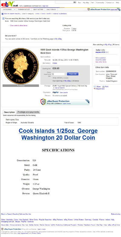 stephen3139 eBay Listing Using our 1995 Cook Islands Gold Proof 1/25th Ounce Gold Coins Obverse Photograph
